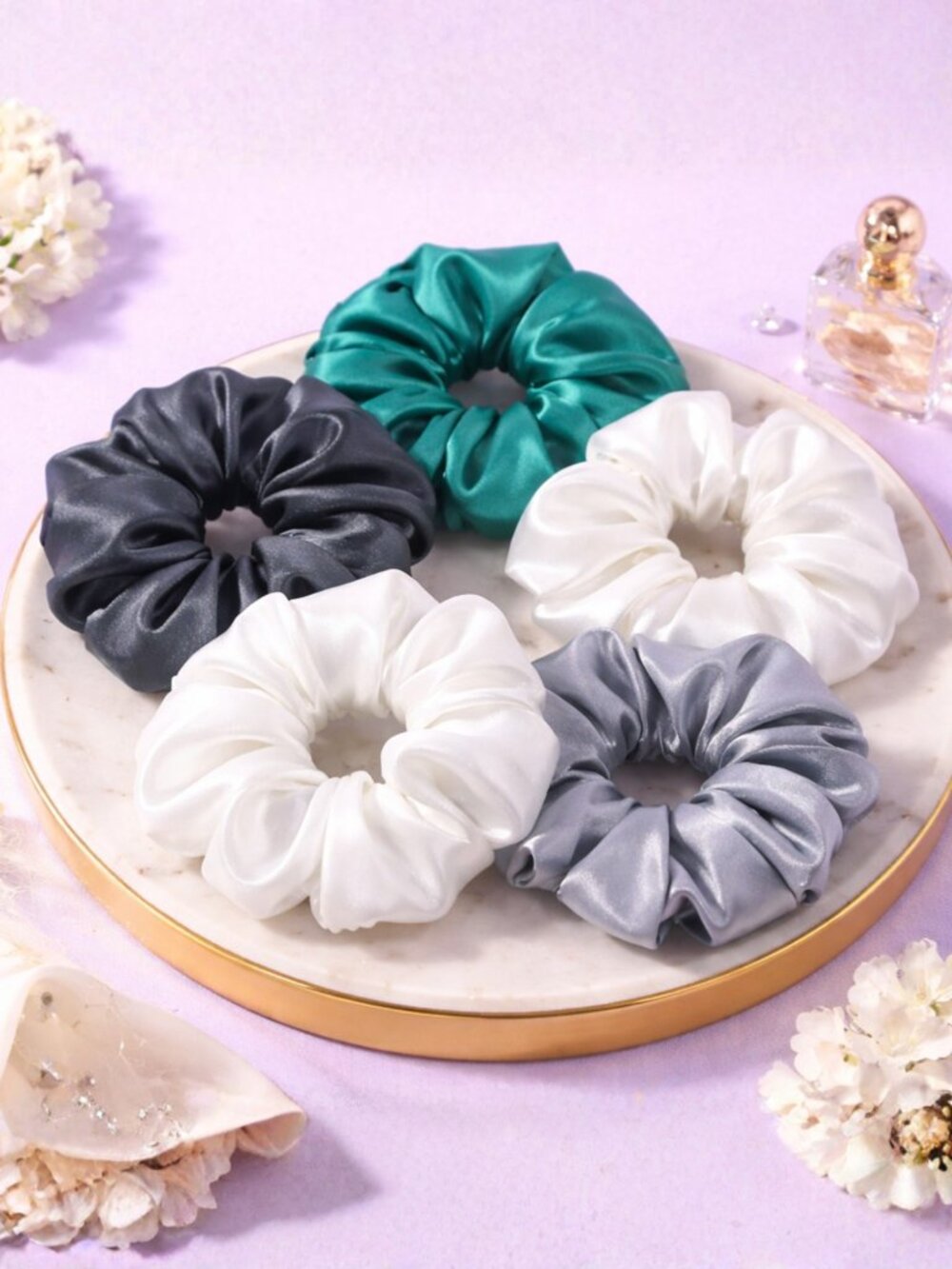 5 Pack Satin Scrunchies Hair Ties Set – Emerald, Black, White, light purple Gray